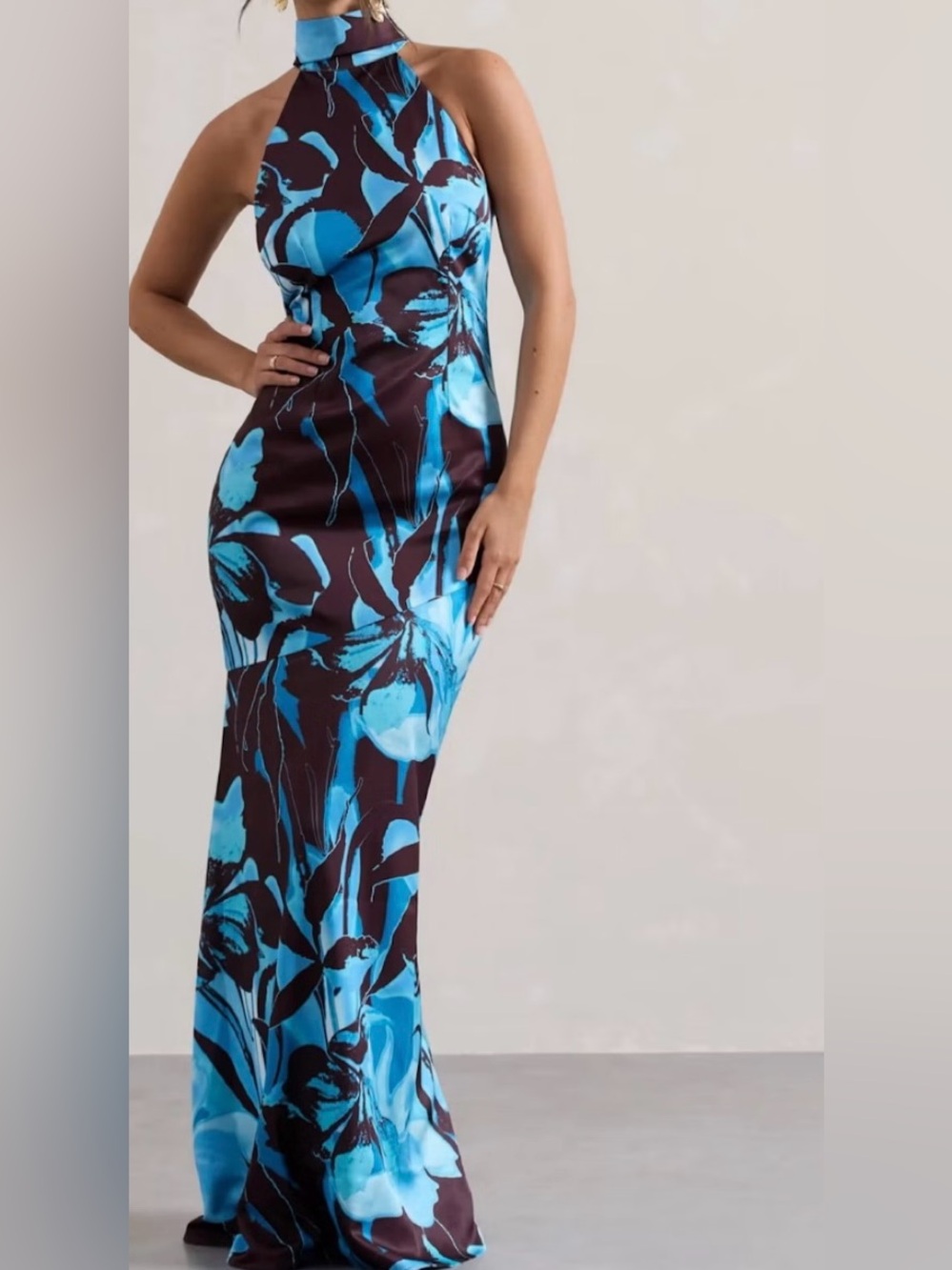 Club L London Midnight Blue & Aqua Floral Halter Maxi Dress